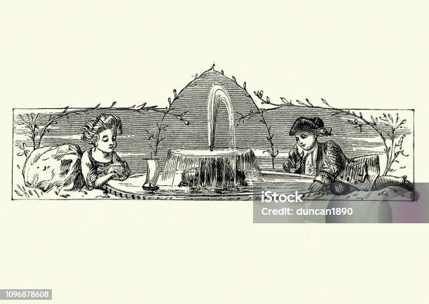 Little Boy And Girl Playing A Fountain With A Model Boat Stock Illustration - Download Image Now