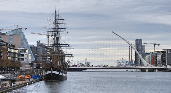 27th September 2018, Dublin. Image of Dublin docklands showing River Liffey, Jeanie Johnston tall ship and Samuel Beckett Bridge.