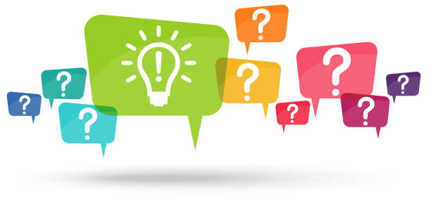 speech bubbles for solution symbolism speech bubbles with colored question marks and with green light bulb symbolizing idea or solution question mark illustrations stock illustrations