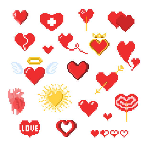 다양 한 픽셀 심장 아이콘 흰색 절연 - candy heart 이미지 stock illustrations