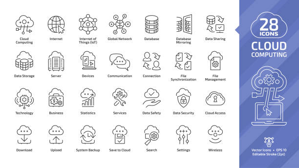 cloud computing editierbare schlaganfall-übersicht-symbol mit globalen netzwerk daten-server und internet-technologie, datenbank-plattform, computer digitalsystem dünne linie zeichen gesetzt. - wireless technology transfer image cloud symbol stock-grafiken, -clipart, -cartoons und -symbole