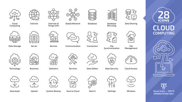 클라우드 컴퓨팅 편집 가능한 뇌졸중 개요 아이콘 글로벌 네트워크 데이터 서버와 인터넷 기술, 데이터베이스 플랫폼, 컴퓨터 디지털 시스템 얇은 라인 로그인으로 설정합니다. - data base symbol computer icon stock illustrations