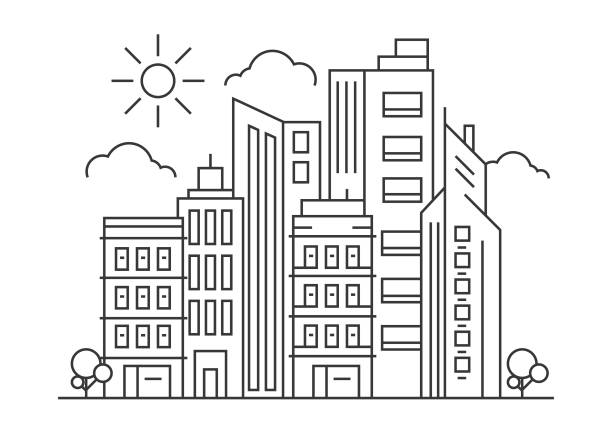 City landscapes line vector illustration with skyscrapers, towers, sun and trees City landscapes line vector illustration with skyscrapers, towers, sun and trees telephone line art stock illustrations