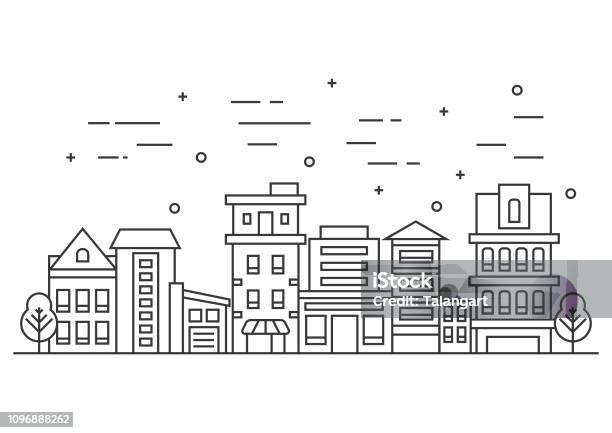 Paysage Urbain De Fine Ligne Darbres Illustration Vectorielle Design Plat Vecteurs libres de droits et plus d'images vectorielles de Ville - Milieu urbain