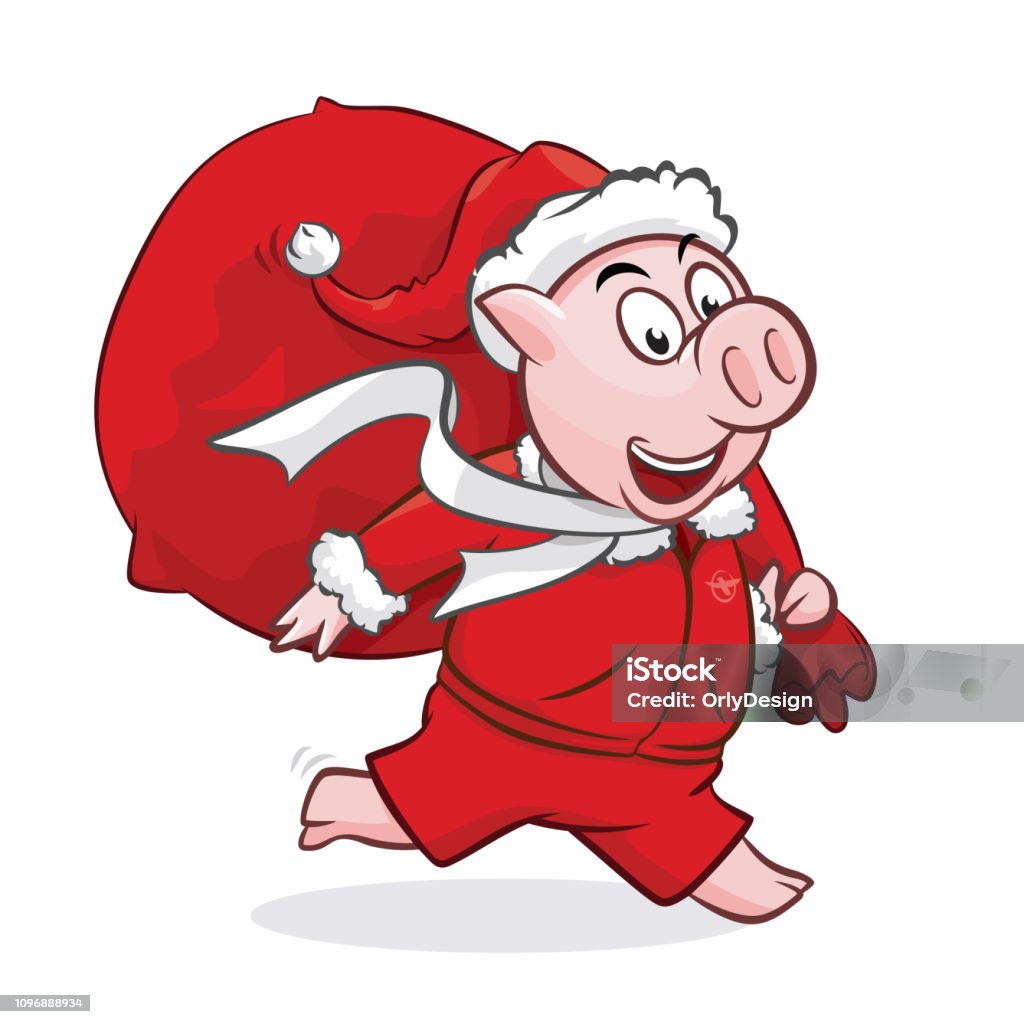 Cute piggy in Santa hat with gift bag Cute piggy in Santa hat with bag isolated on white. Christmas gift bag. Cartoon characters vector illustration good for gift card Pig stock vector