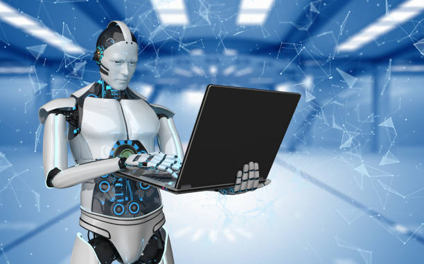 istock Robot Notebook Networks Futuristic Room 1096891952
