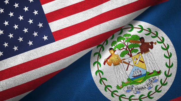 istock Belize and United States two flags together textile cloth, fabric texture 1096893726
