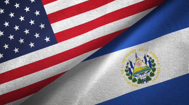 el salvador and united states two flags together textile cloth, fabric texture - salvadoran flag imagens e fotografias de stock
