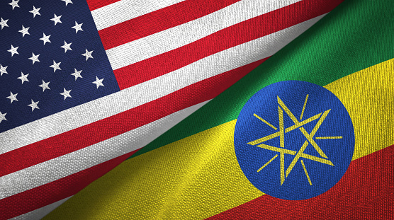 Ethiopia and United States flags together textile cloth, fabric texture