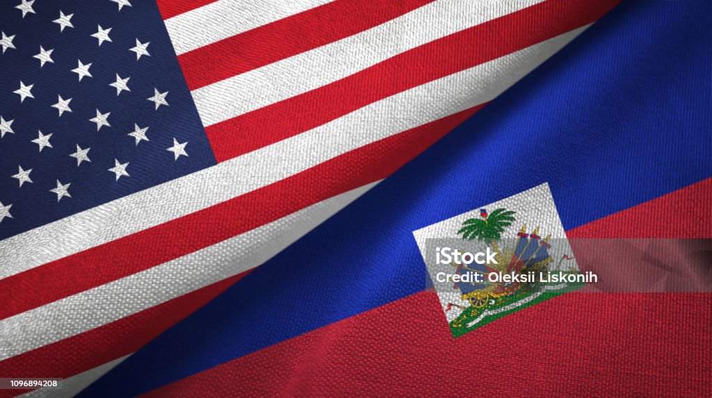 Haiti and United States two flags together textile cloth, fabric texture Haiti and United States flags together textile cloth, fabric texture Haiti Stock Photo