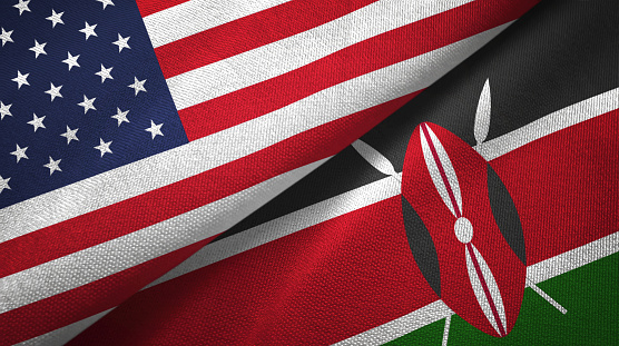 Kenya and United States flags together textile cloth, fabric texture