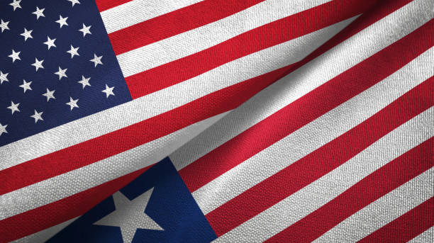 istock Liberia and United States two flags together textile cloth, fabric texture 1096894366