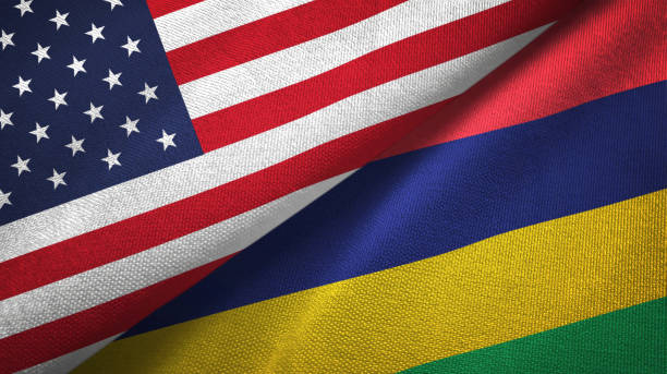 istock Mauritius and United States two flags together textile cloth, fabric texture 1096894502