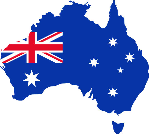 Australia map with flag. Vector illustration. Blue red background. Australia map flag. Vector. Australian continent. Silhouette of Australia with national flag with Union Jack and stars isolated on white. Blue red color illustration. Country background. Flat design. interconnect plug stock illustrations