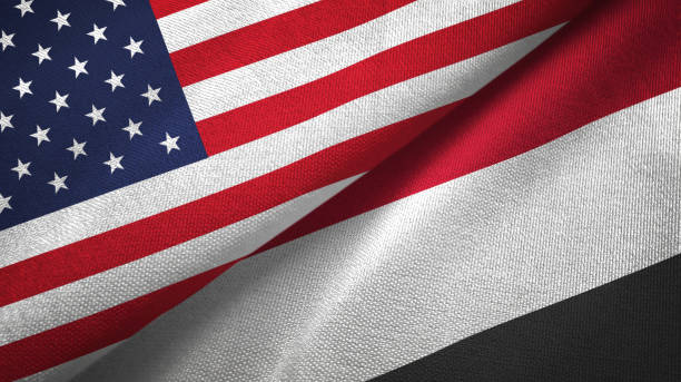 istock Yemen and United States two flags together textile cloth, fabric texture 1096896110