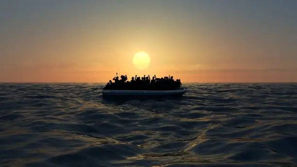 Refugees on a big rubber boat in the middle of the sea that require help. Sea with people in the water asking for help. Migrants crossing the sea