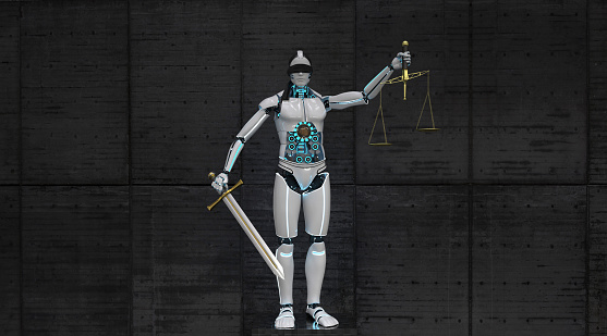 Humanoid robot as Justitia with sword and beam scale. 3d illustration.