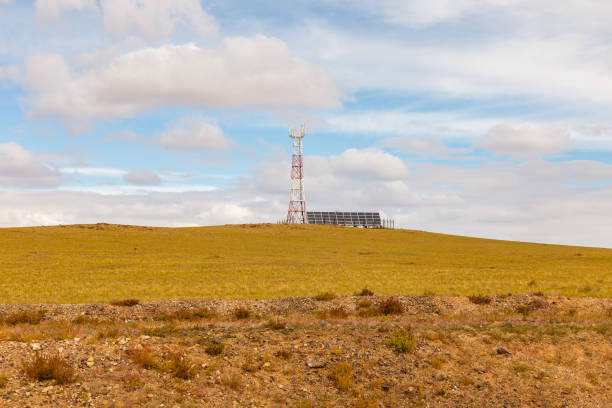 tower of cellular communication with solar panels, Mongolia