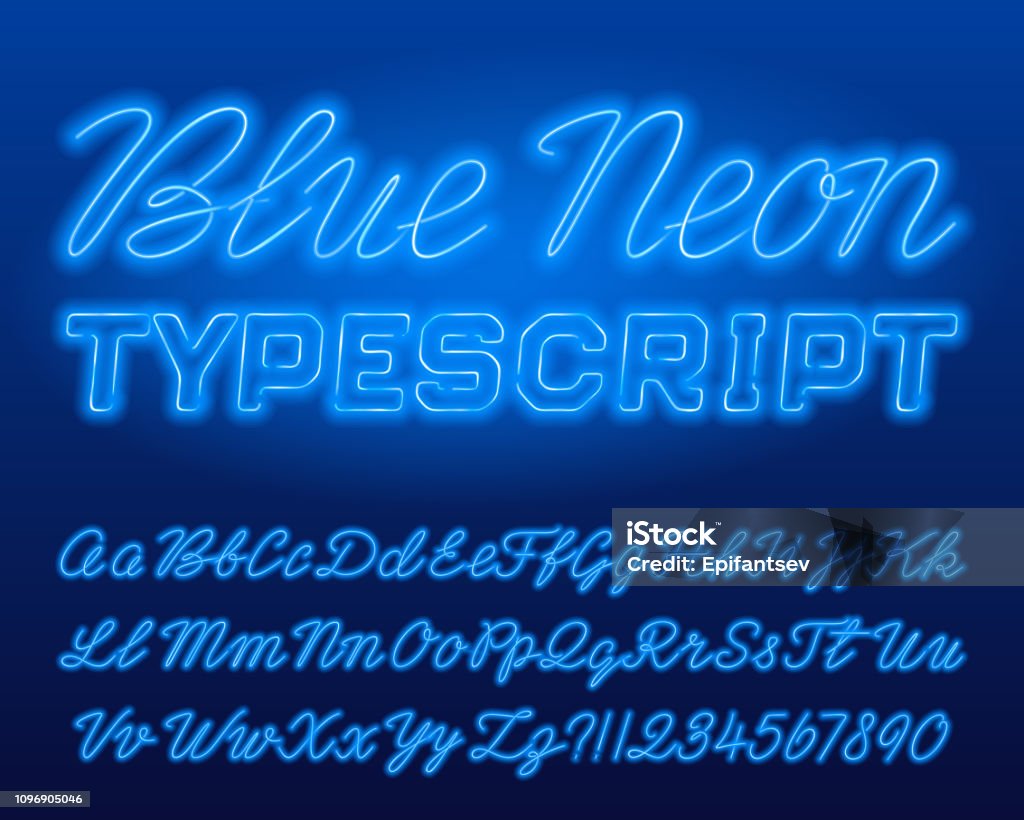 Blue Neon typescript. Blue color lowercase and uppercase shiny letters and numbers. Blue Neon typescript. Blue color lowercase and uppercase shiny letters and numbers. Stock vector alphabet font for your typography design. Neon Lighting stock vector