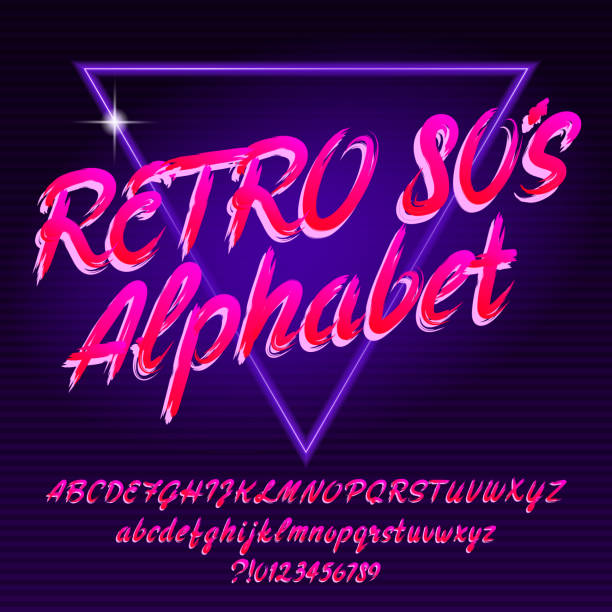80s retro alphabet font. Uppercase and lowercase handwritten letters and numbers. 80s retro alphabet font. Uppercase and lowercase handwritten letters and numbers. Stock vector typescript for your design in 80s style. brush stroke alphabet stock illustrations