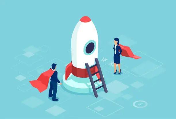 Vector illustration of Vector of a super hero businesswoman and buisnessman standing next to a rocket