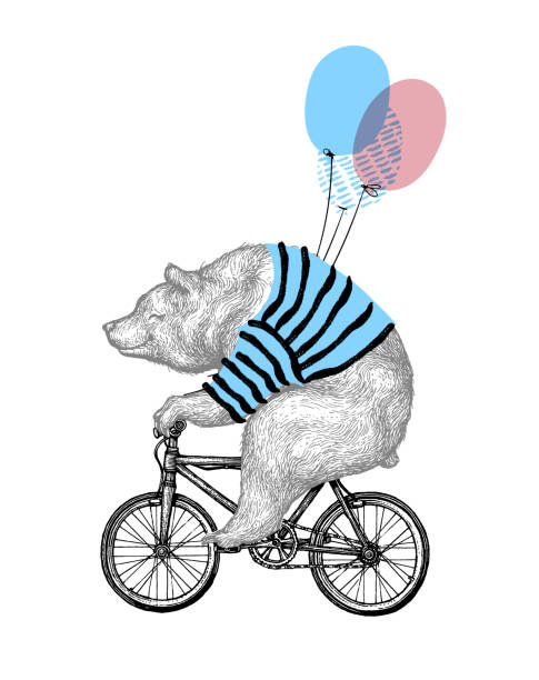 熊騎自行車氣球向量插圖。復古吉祥物可愛的灰熊自行車隔離在白色。生日快樂動物角色黑色素描。平面輪廓泰迪格朗格抽獎 - 卡 插圖 幅插畫檔、美工圖案、卡通及圖標