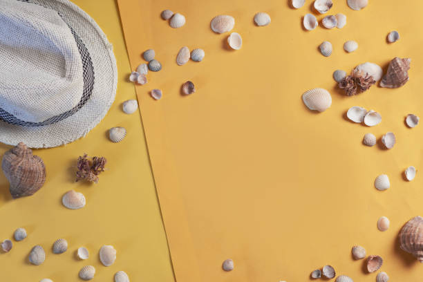 istock Summer conceptual background with copyspace in the center . Seashells and sea hat 1096916556