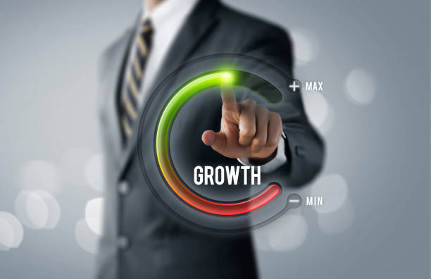 istock Business growth or career growth concept. Businessman is pulling up circle progress bar with the word GROWTH on bright tone background. 1096918798