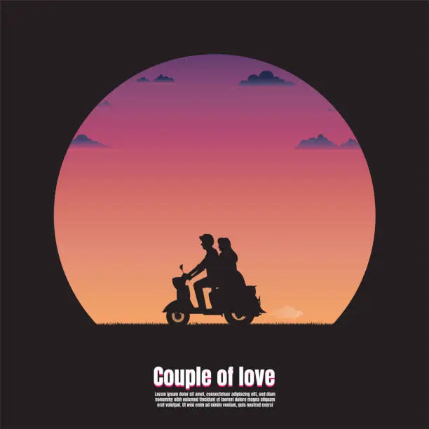 Vector illustration of Silhouette young couple on motorcycle