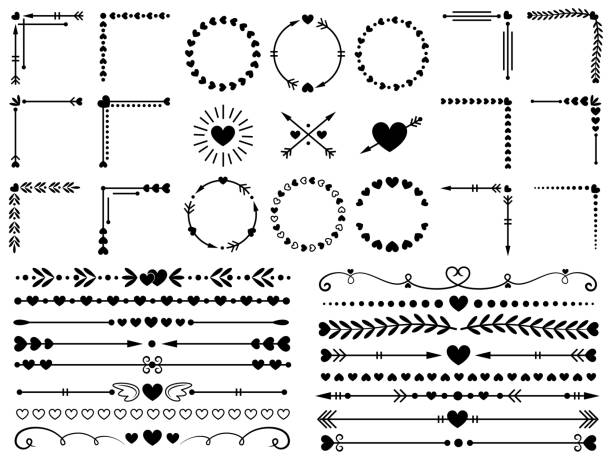Love ornaments. Wedding hearts ornamental, decorative heart border and in love frame design ornament. Hand drawn swirl love borders or floral dividers. Vector isolated elements icon set