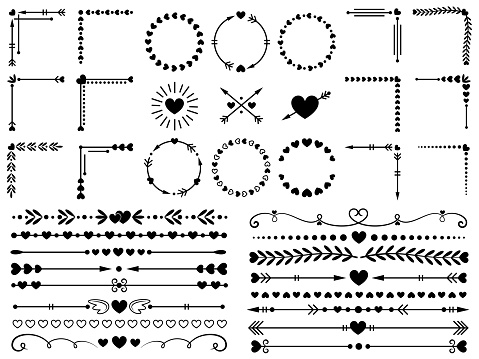 Love ornaments. Wedding hearts ornamental, decorative heart border and in love frame design ornament. Hand drawn swirl love borders or floral dividers. Vector isolated elements icon set