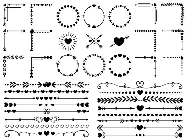Love ornaments. Wedding hearts ornamental, decorative heart border and in love frame design ornament vector elements set Love ornaments. Wedding hearts ornamental, decorative heart border and in love frame design ornament. Hand drawn swirl love borders or floral dividers. Vector isolated elements icon set tattoo borders stock illustrations
