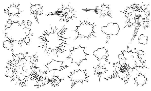 illustrazioni stock, clip art, cartoni animati e icone di tendenza di speed cloud comic. set vettoriale di nuvole fast motion cartoon - velocità illustrazioni