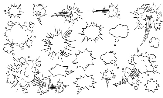Speed cloud comic. Cartoon fast motion clouds, smoke blast or puff cloud motions. Comic book air wind storm blow explosion vector isolated icons set