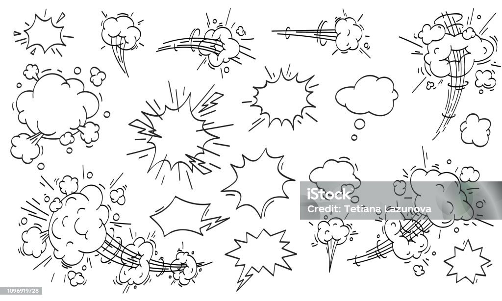 Speed cloud comic. Cartoon fast motion clouds vector set Speed cloud comic. Cartoon fast motion clouds, smoke blast or puff cloud motions. Comic book air wind storm blow explosion vector isolated icons set Cartoon stock vector