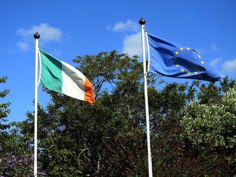 Ireland and EU flag under blue sky and trees in the background.