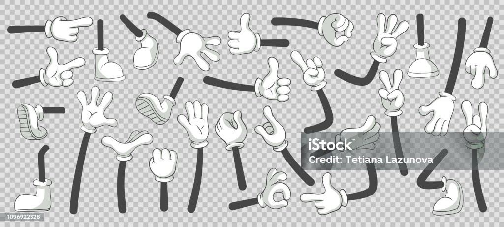 Cartoon legs and hands. Legs in boots and gloved hands. Vector isolated illustration set Cartoon legs and hands. Legs in boots and gloved hands. Feet and glove hand character or foot in sneakers kicking, walking and running. Vector isolated illustration symbols set Cartoon stock vector