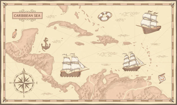 Old caribbean sea map. Ancient pirate routes, fantasy sea pirates ships and vintage pirate maps. Old marine map, ancient nautical compass and ship. Geographical vector concept illustration