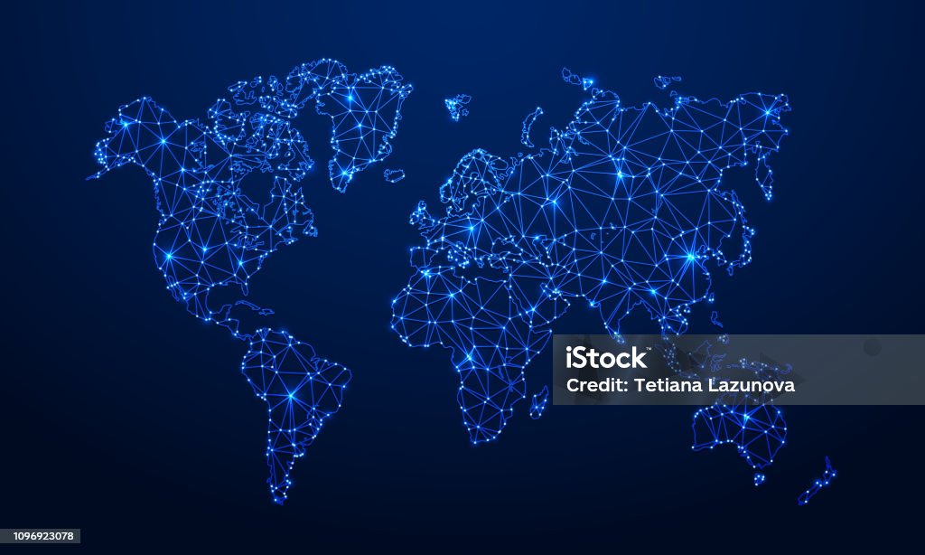 Mapa poligonal. Mapa digital del mundo, mapas de tierra azul polígonos y mundial internet conexión 3d red vector concepto de dibujo - arte vectorial de Mapa mundial libre de derechos