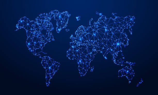 多角形の地図。デジタル世界地図、青いポリゴン地球地図、世界インターネット接続 3 d グリッド ベクトル概念図 - 地球 光点のイラスト素材／クリップアート素材／マンガ素材／アイコン素材