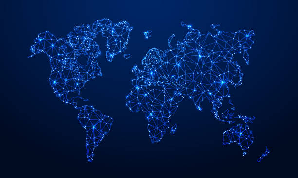 wielokątna mapa. cyfrowa mapa kuli ziemskiej, niebieskie wielokąty mapy ziemi i światowe połączenie internetowe 3d siatka wektorowa ilustracja koncepcyjna - map continents earth europe stock illustrations