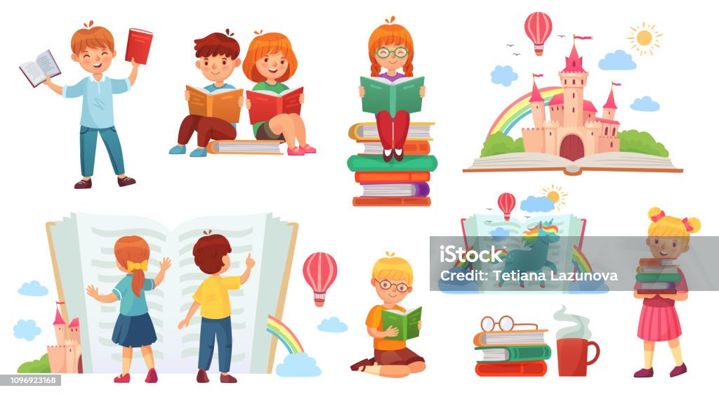Enfants Lire Livre Bibliothèque De Dessin Animé Enfant Enfant