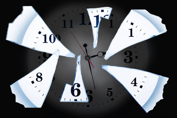 istock clock with broken glass on a white background. chaos time. time passing concept. Frustration time, plans of business, life. 1096924412