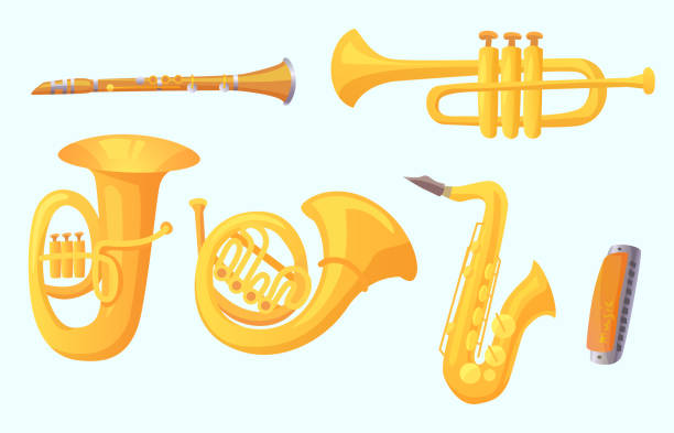 ilustraciones, imágenes clip art, dibujos animados e iconos de stock de trompeta de dibujos animados. instrumentos musicales de vientos. colección de vectores de instrumentos musicales - bugle trumpet jazz music