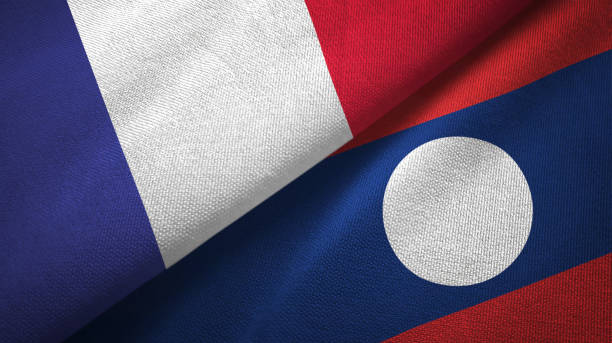 istock Laos and France two flags together textile cloth, fabric texture 1096926234