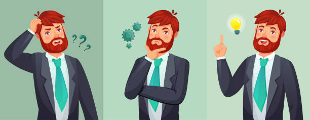 Thoughtful man. Male ask questions, doubt or confused and found question answer. Thinking serious decision cartoon vector illustration Thoughtful man. Male ask questions, doubt or confused and found question answer. Thinking serious decision. Hopeless, disappointed and have an idea cartoon expressions vector illustration confused guy stock illustrations