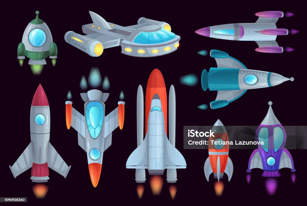 Cartoon rockets. Space rocketship, aerospace rocket and spacecraft ship isolated vector illustration set Cartoon rockets. Space rocketship, aerospace rocket and spacecraft ship. Spaceship shuttle for game, futuristic rockets astronomy technology. Isolated vector illustration icons set Spaceship stock vector