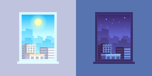 Window view. Day and night, apartment windows views. Morning and evening architecture house room cityscape cartoon vector concept