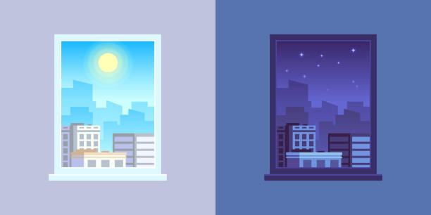 Window view. Day and night cartoon vector concept Window view. Day and night, apartment windows views. Morning and evening architecture house room cityscape cartoon vector concept looking at view illustrations stock illustrations