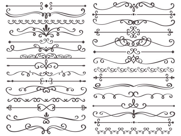 dekoracyjny dzielnik stron. vintage linie wystrój, luksusowa linia ramy ślubnej i ozdobne przegrody wirowe izolowane zestaw wektorowy - frame ornate swirl floral pattern stock illustrations